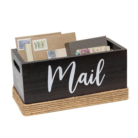 Elegant Designs Mail Holder, Sorter with Wrapped Roped Bottom, Cutout Handles, and Mail Script in White, Dark Wood HG2036-DWD